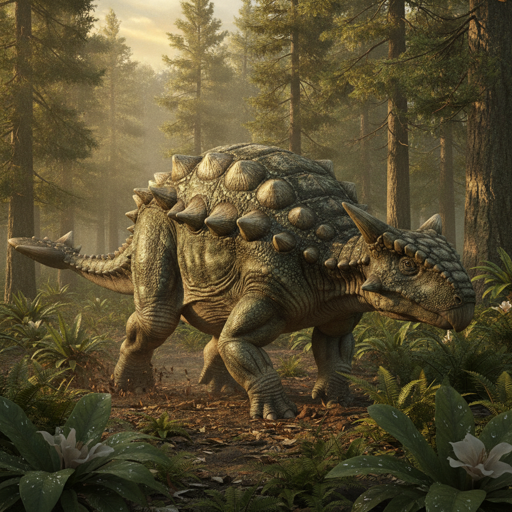 Ankylosaurus magniventris in un ambiente preistorico con dettagli anatomici e texture realistiche