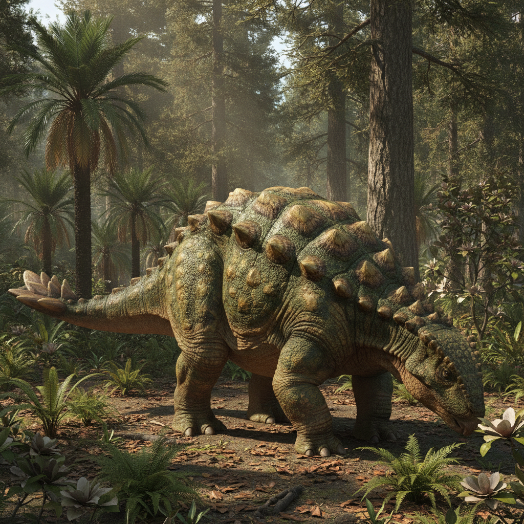 Ricostruzione iperrealistica di Ankylosaurus magniventris in un ambiente preistorico con dettagli di pelle e vegetazione
