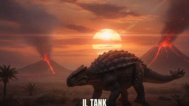 Raffigurazione dettagliata di un Ankylosaurus magniventris nel suo ambiente naturale preistorico