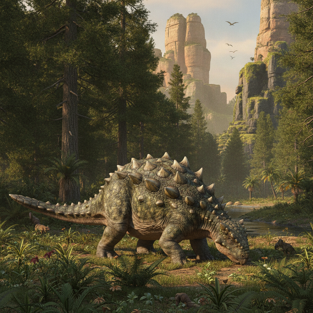 Rappresentazione iperrealistica di un Ankylosaurus magniventris nel suo habitat del Cretaceo con dettagli stratigrafici