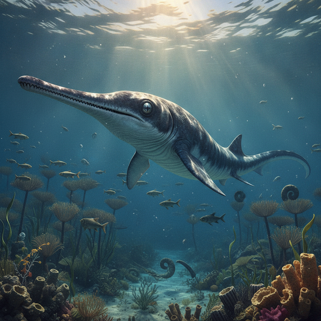 Ricostruzione iperrealistica di Besanosaurus leptorhynchus nel suo habitat marino preistorico, con dettagli anatomici e ambientali