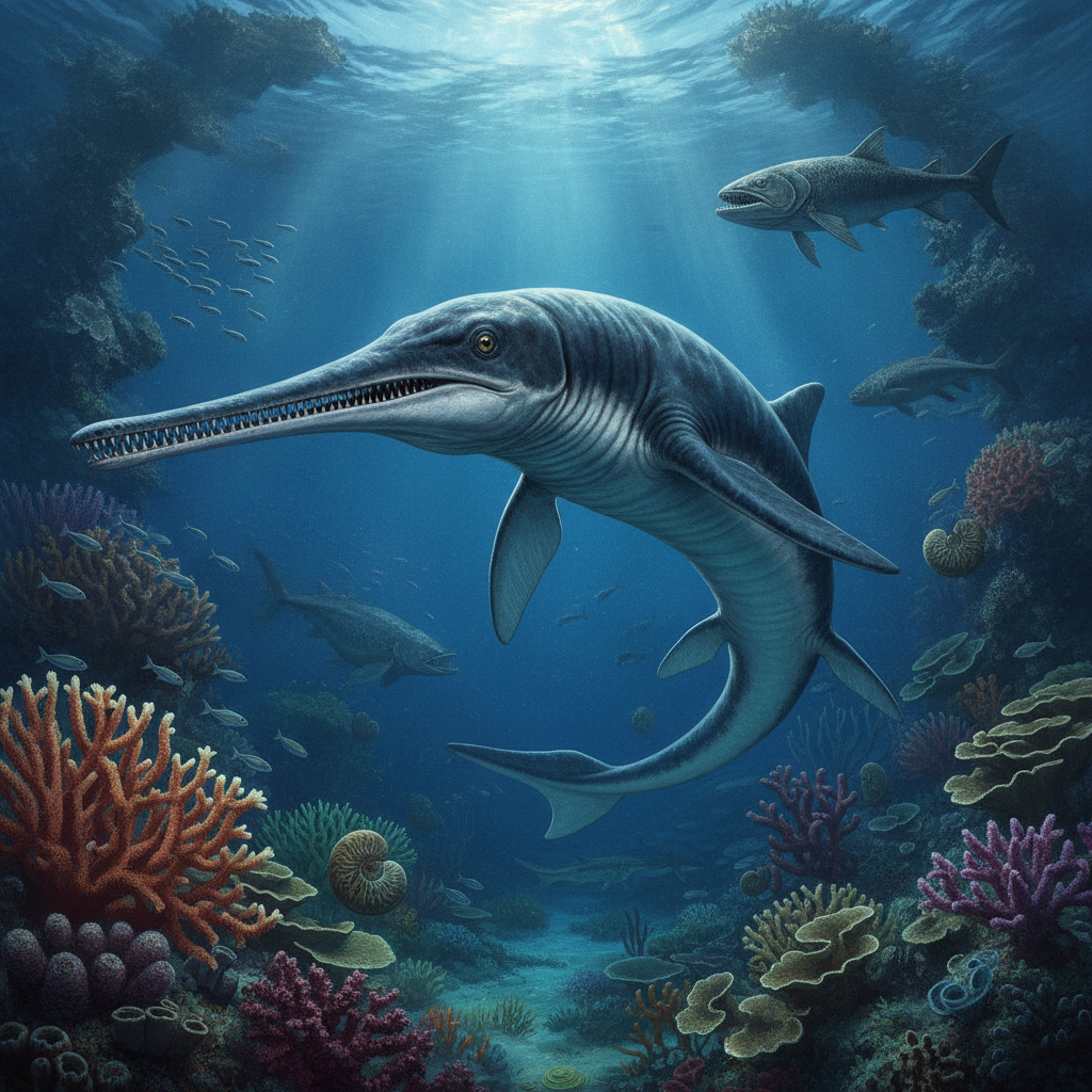 Ricostruzione iperrealistica del Besanosaurus leptorhynchus nel suo ambiente marino del Triassico, con dettagli anatomici
