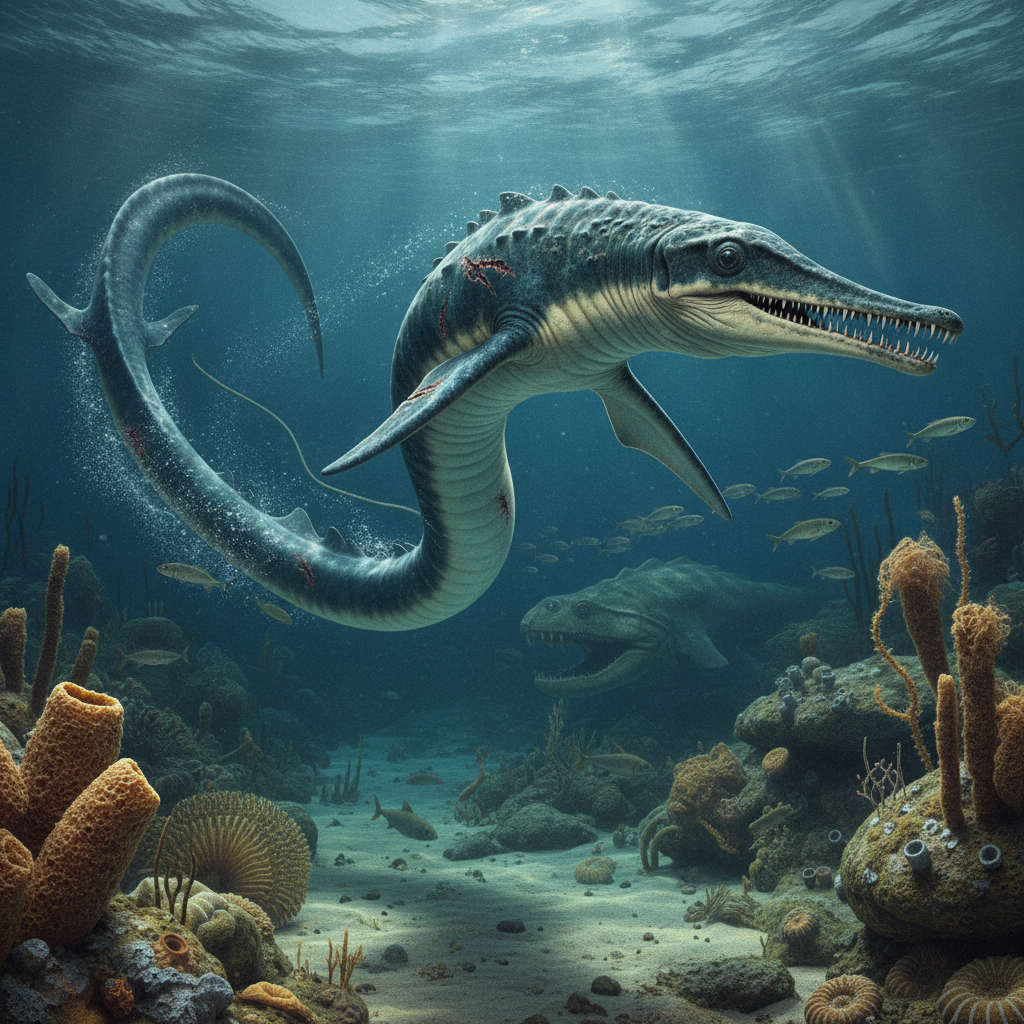 Ricostruzione iperrealistica di Besanosaurus leptorhynchus nel suo ambiente marino triassico con dettagli anatomici