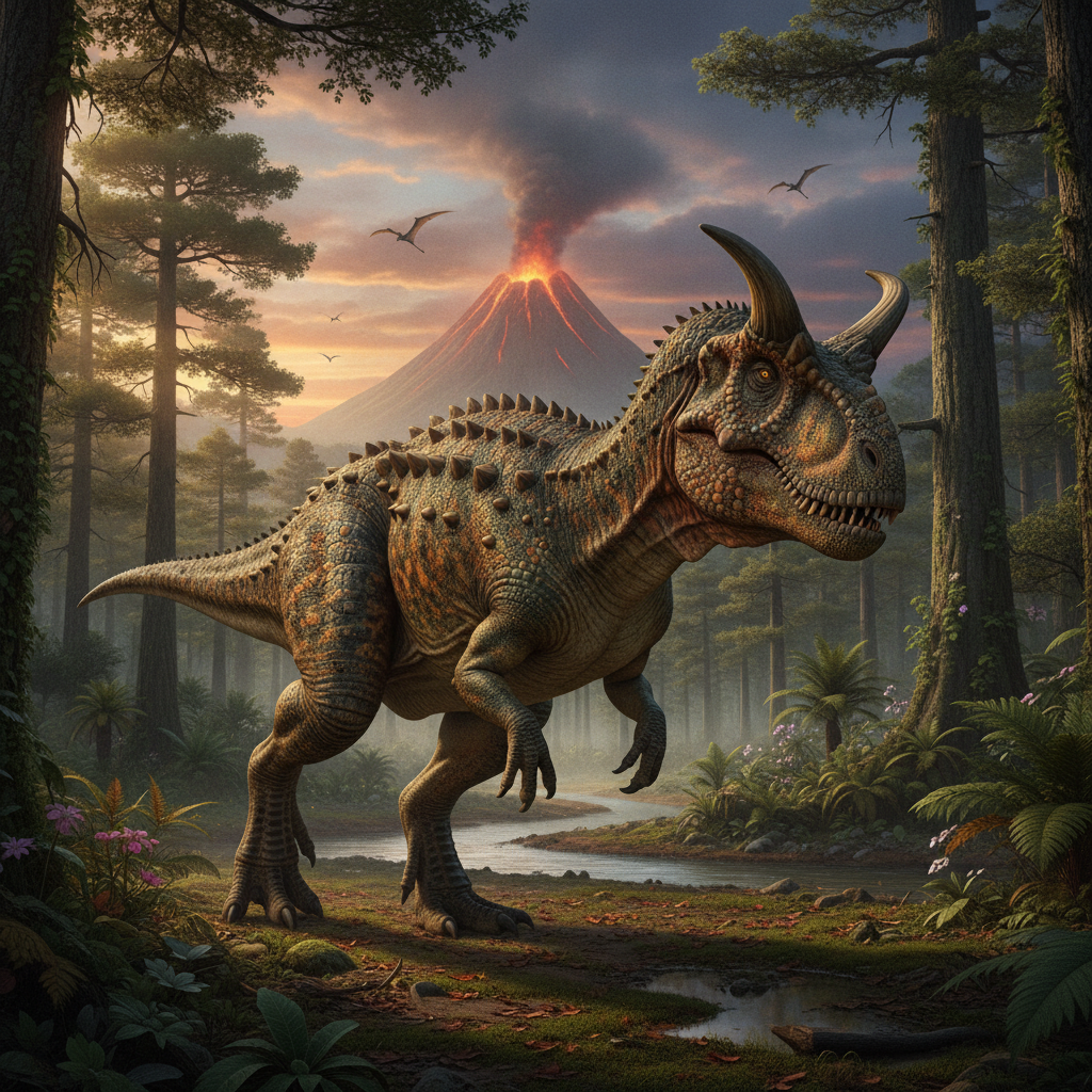 Ricostruzione iperrealistica del Carnotaurus sastrei nel suo habitat naturale con dettagli anatomici precisi