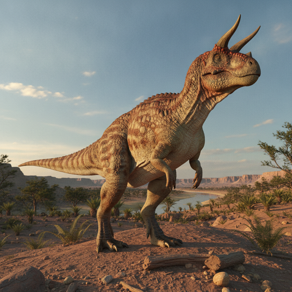 Ricostruzione iperrealistica di Carnotaurus sastrei in un ambiente preistorico con dettagli anatomici e paesaggio naturale
