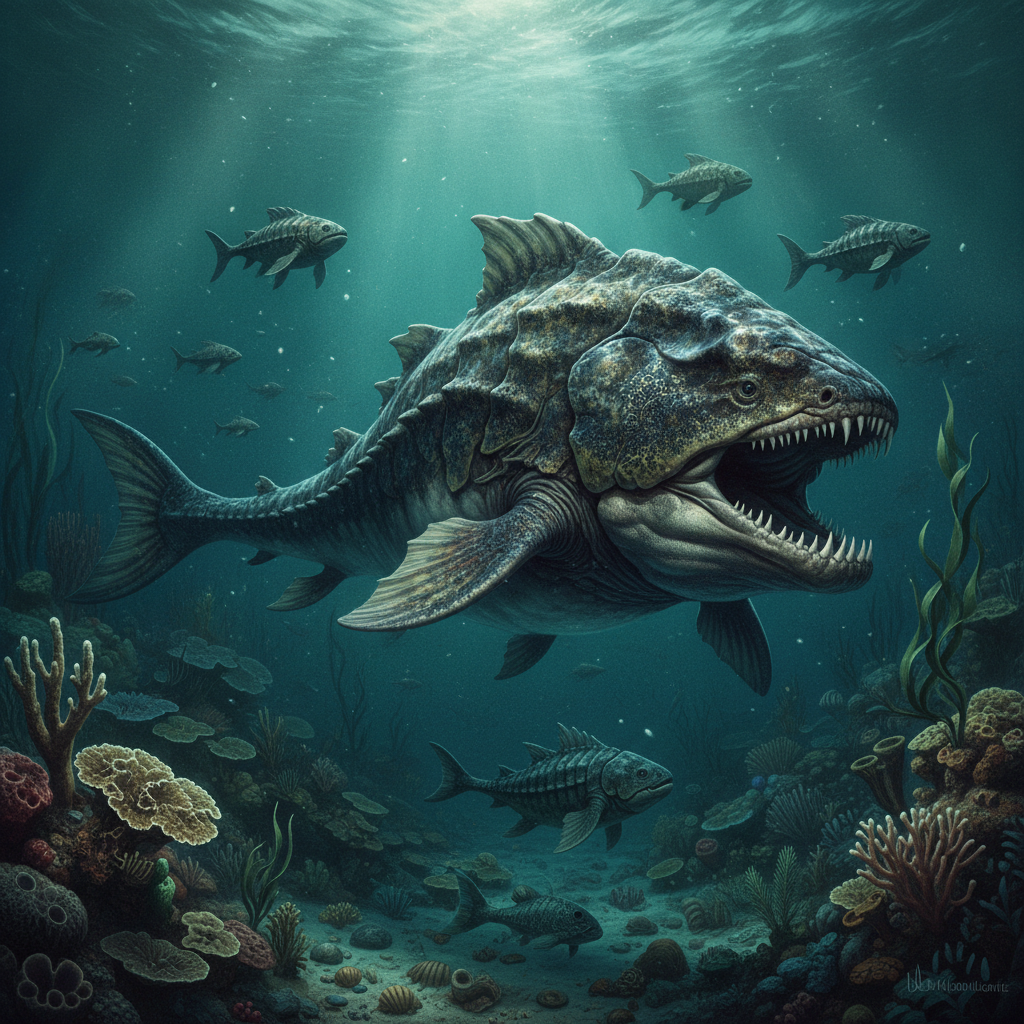 Ricostruzione iperrealistica di una creatura del Devoniano con dettagli anatomici e habitat naturale
