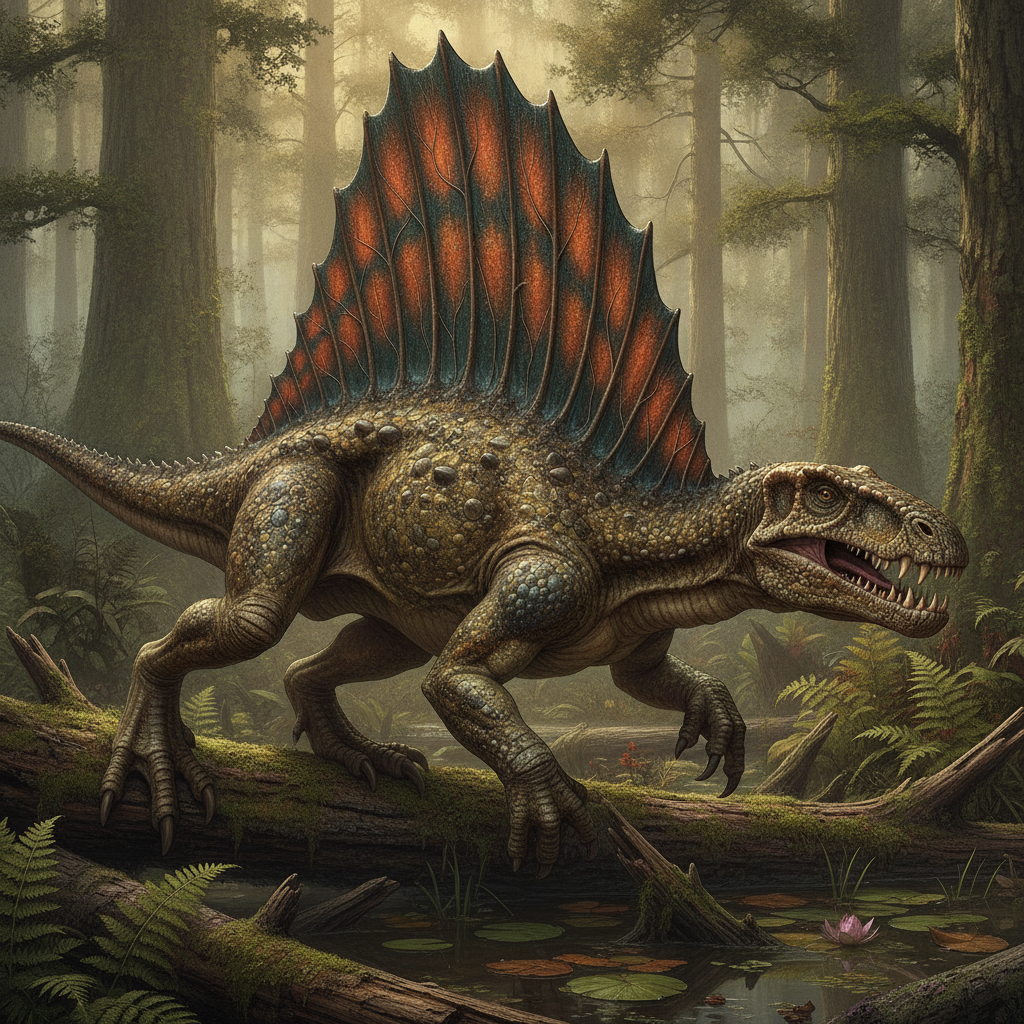 Ricostruzione iperrealistica di un Dimetrodon limbatus nel suo habitat naturale, dettagli anatomici e texture della pelle