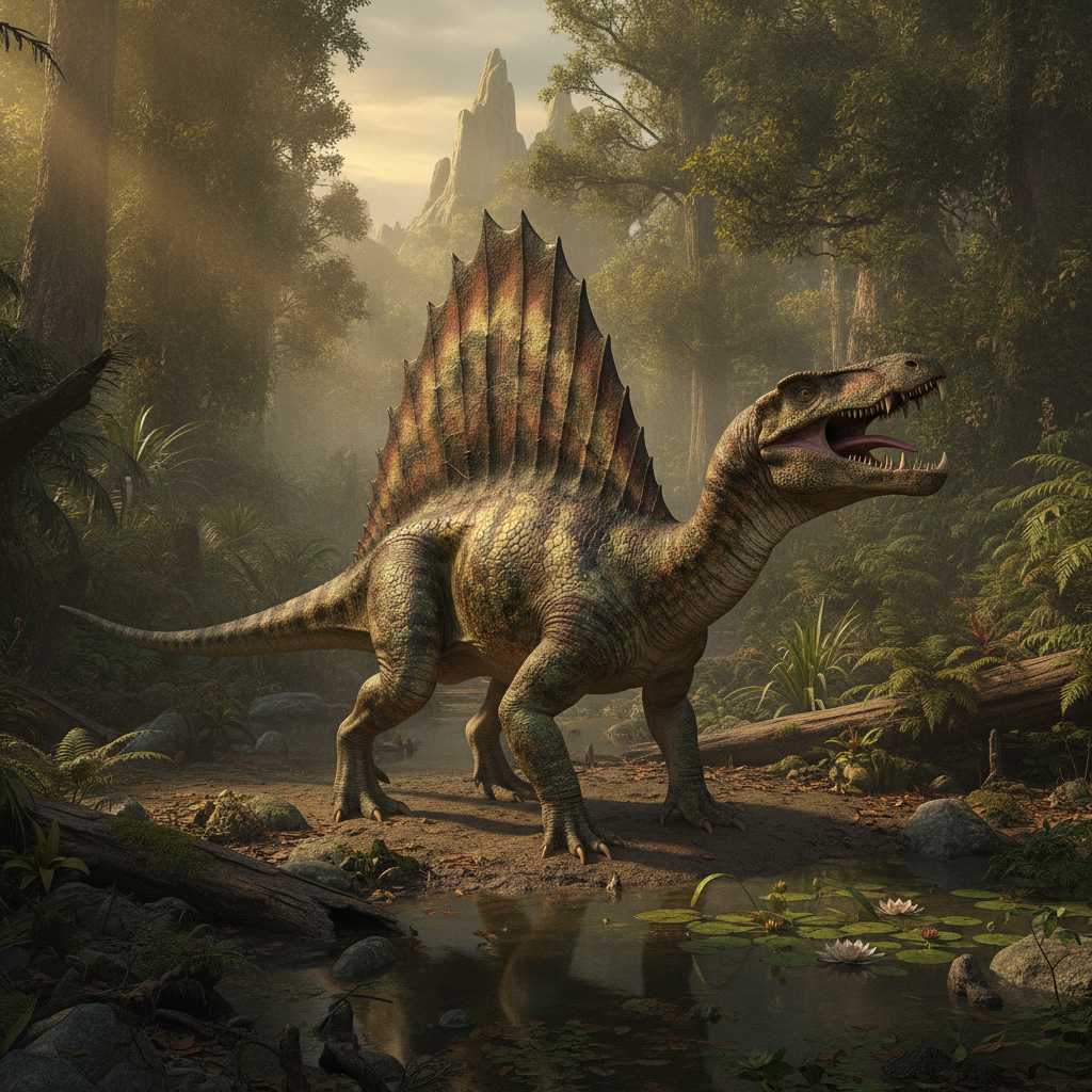 Ricostruzione paleoartistica di Dimetrodon limbatus in un ambiente paleoecologico del Permiano con dettagli realistici
