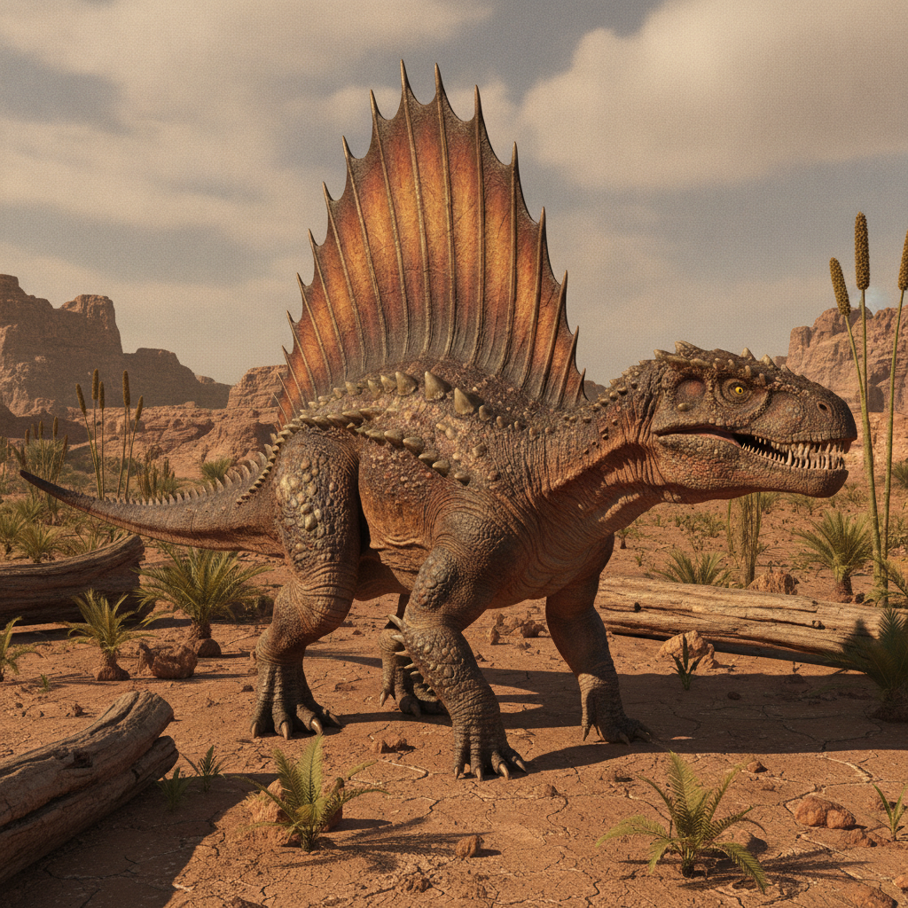 Ricostruzione iperrealistica di un Dimetrodon limbatus nel suo ambiente preistorico con dettagli accurati di pelle e habitat