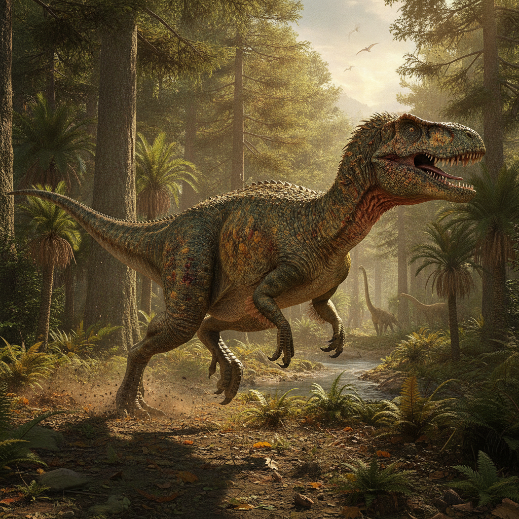 Ricostruzione iperrealistica di un dinosauro del Giurassico in un ambiente naturale, dettagli anatomici precisi