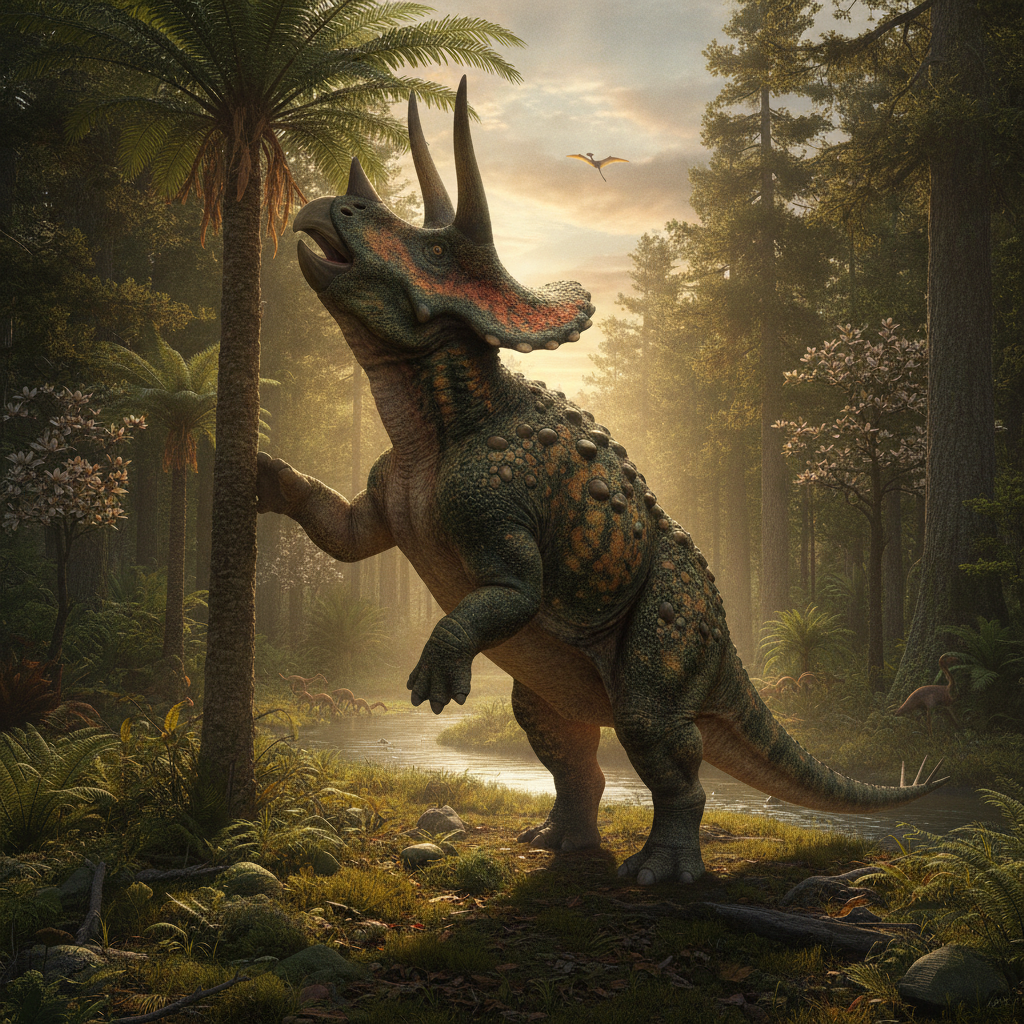 Ricostruzione iper-realistica di un dinosauro erbivoro nel suo habitat naturale, con dettagli anatomici e texture della pelle