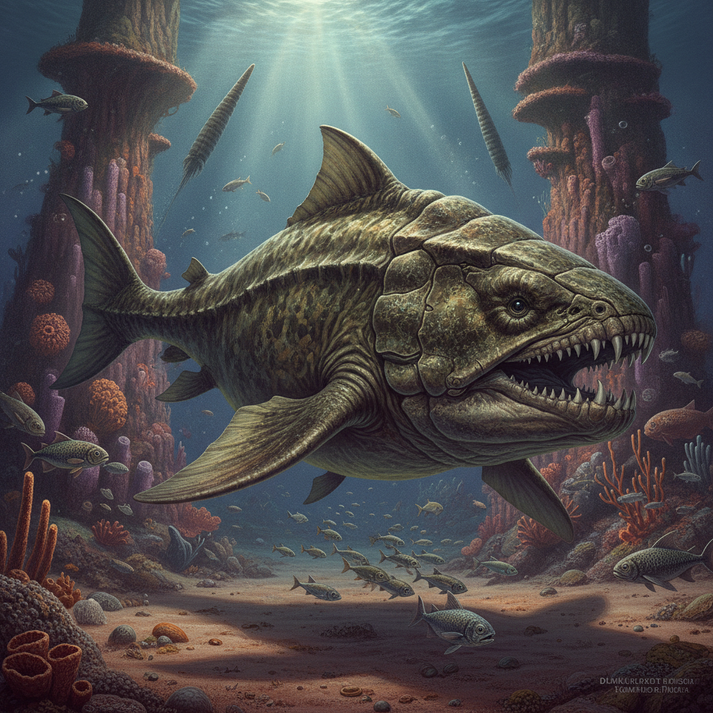 Ricostruzione iperrealistica di Dunkleosteus terrelli nel suo ambiente marino del Devoniano