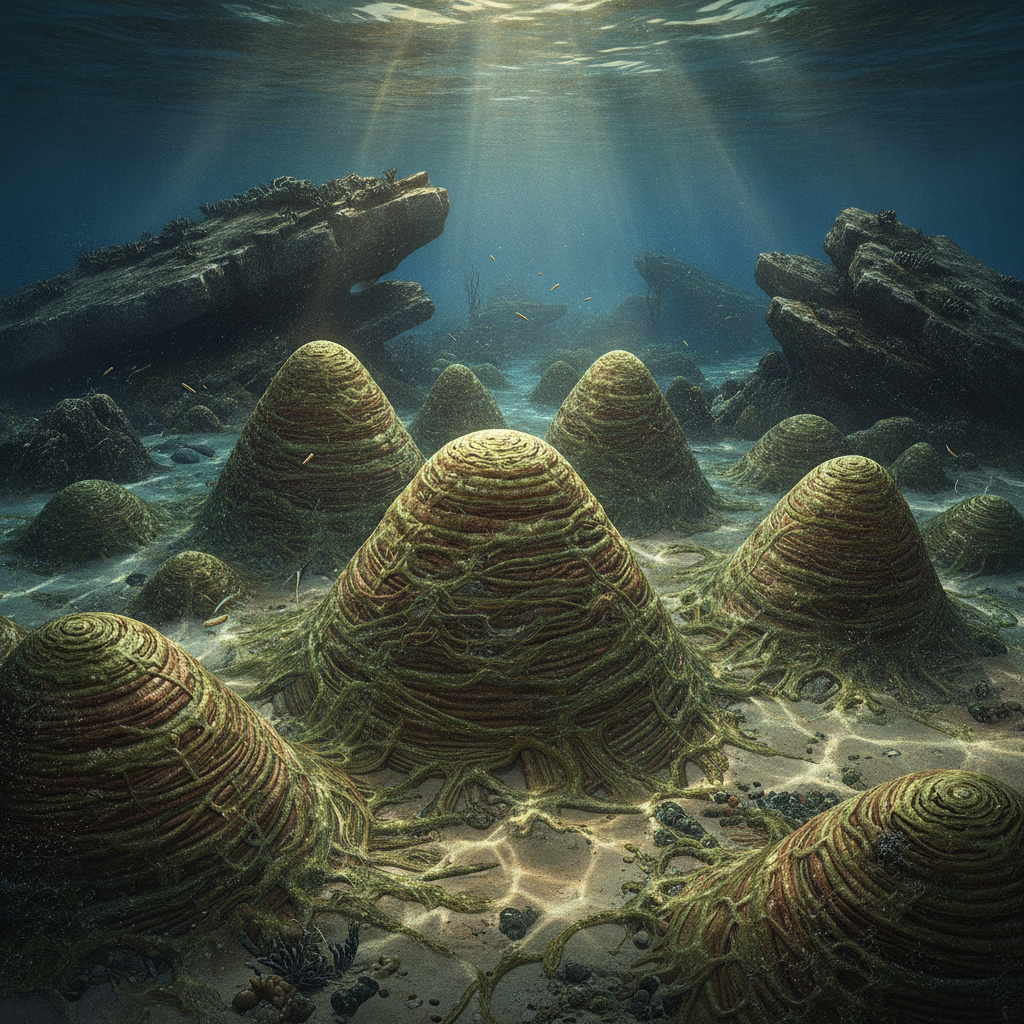 Ricostruzione paleoartistica di stromatoliti in un ambiente acquatico del Precambriano con dettagli iper-realistici