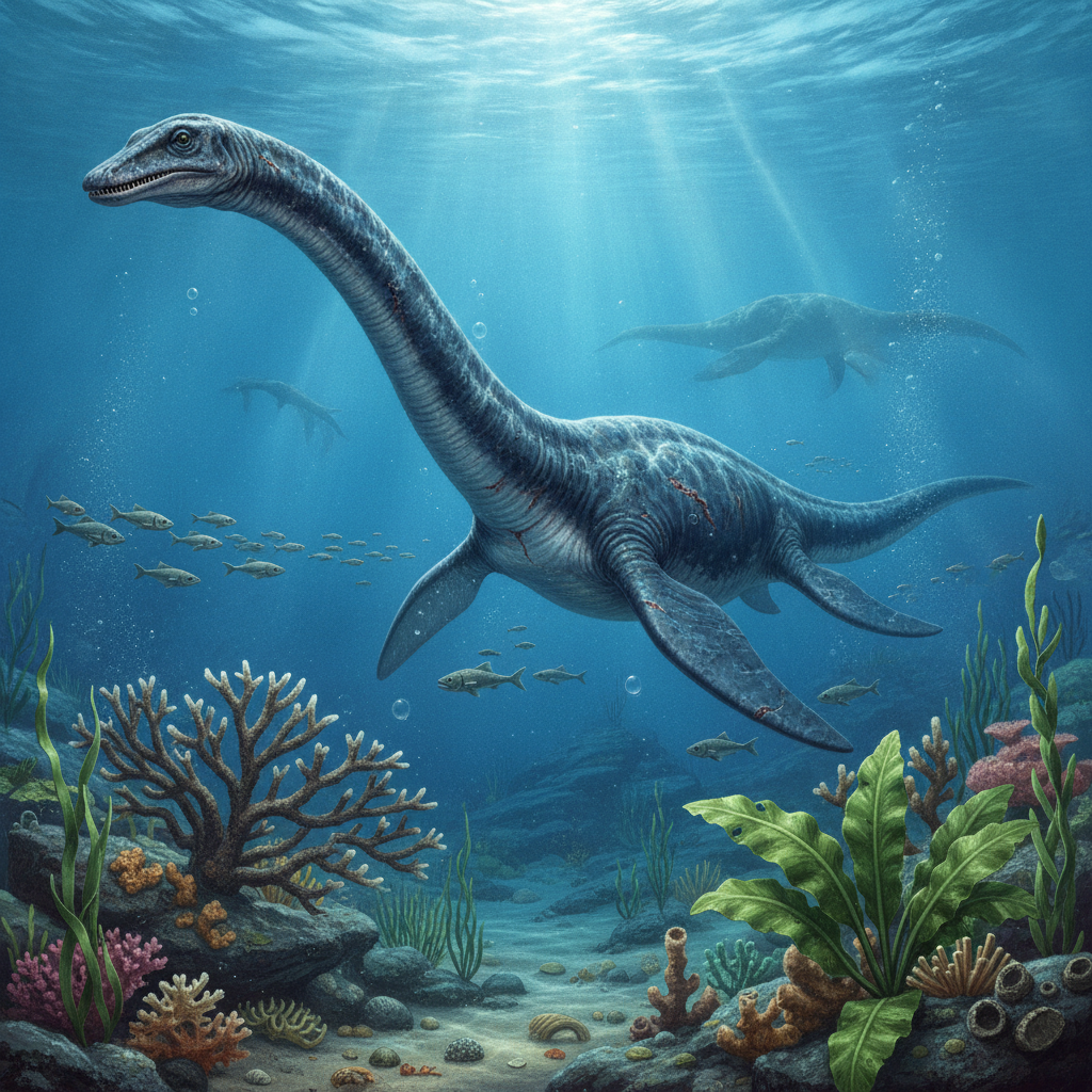 Ricostruzione iperrealistica di Elasmosaurus platyurus nel suo ambiente marino del Cretaceo, con dettagli della pelle e vegetazione acquatica