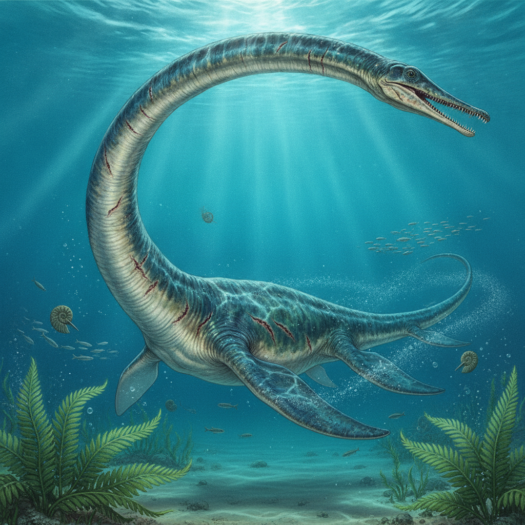 Ricostruzione iperrealistica di Elasmosaurus platyurus in un ambiente marino preistorico con dettagli anatomici e texture della pelle