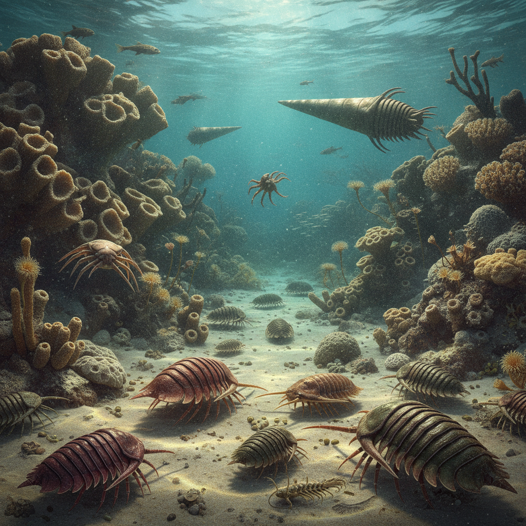Ricostruzione paleoartistica di un ambiente marino dell'Ordoviciano con trilobiti e coralli in un mare poco profondo