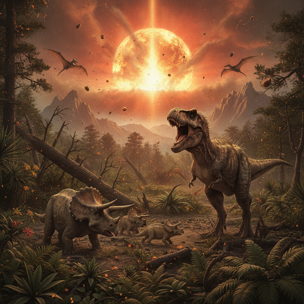 Rappresentazione iperrealistica di dinosauri durante l'impatto di Chicxulub nel periodo Cretaceo-Paleogene