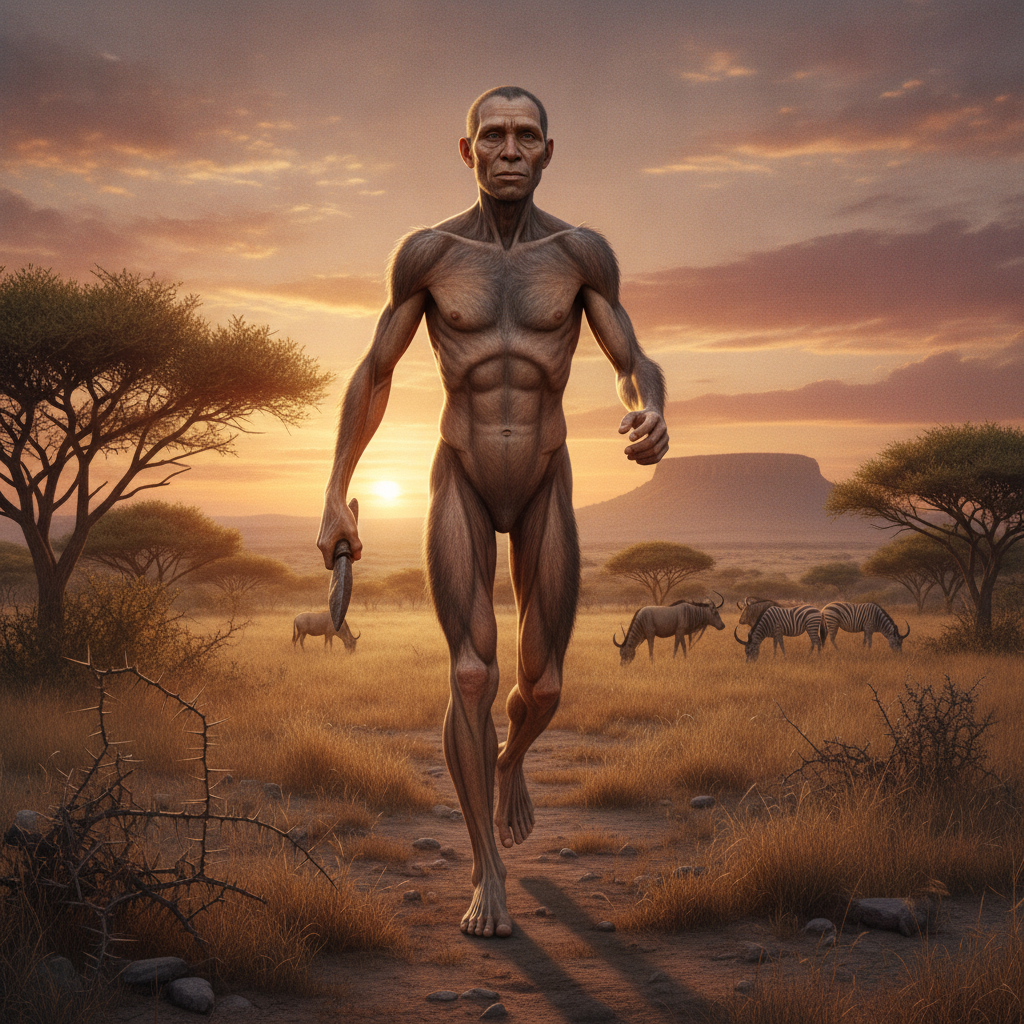 Evoluzione Anatomica degli Ominini Antichi Rappresentazione iperrealistica di un ominino antico nel suo habitat naturale con dettagli anatomici