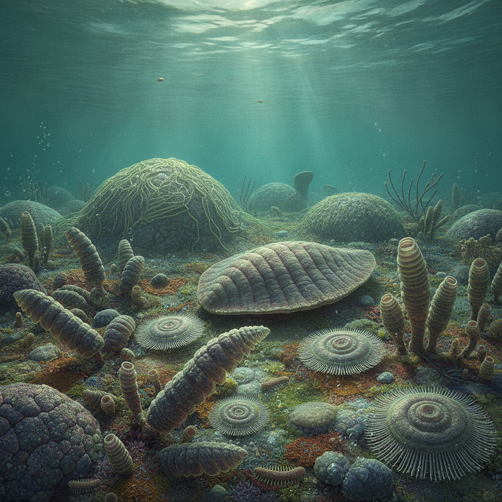 Rappresentazione iperrealistica di organismi precambriani nel loro habitat naturale con dettagli anatomici e biomeccanici