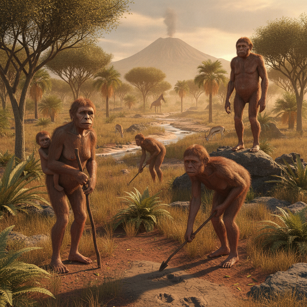 Evoluzione degli Ominini: Ricostruzione Paleoartistica Ricostruzione paleoartistica iperrealistica di ominini in habitat naturale con dettagli anatomici e ambientali dettagliati