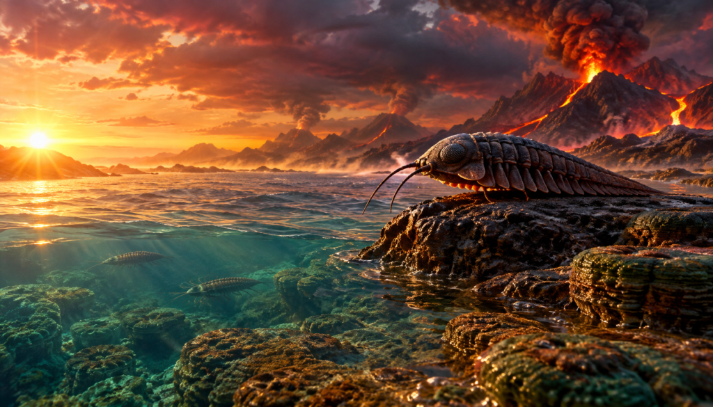 Ricostruzione paleoartistica dell'ambiente terrestre durante il Precambriano con dettagli geologici e climatici