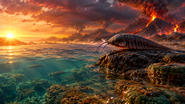 Ricostruzione paleoartistica dell'ambiente terrestre durante il Precambriano con dettagli geologici e climatici