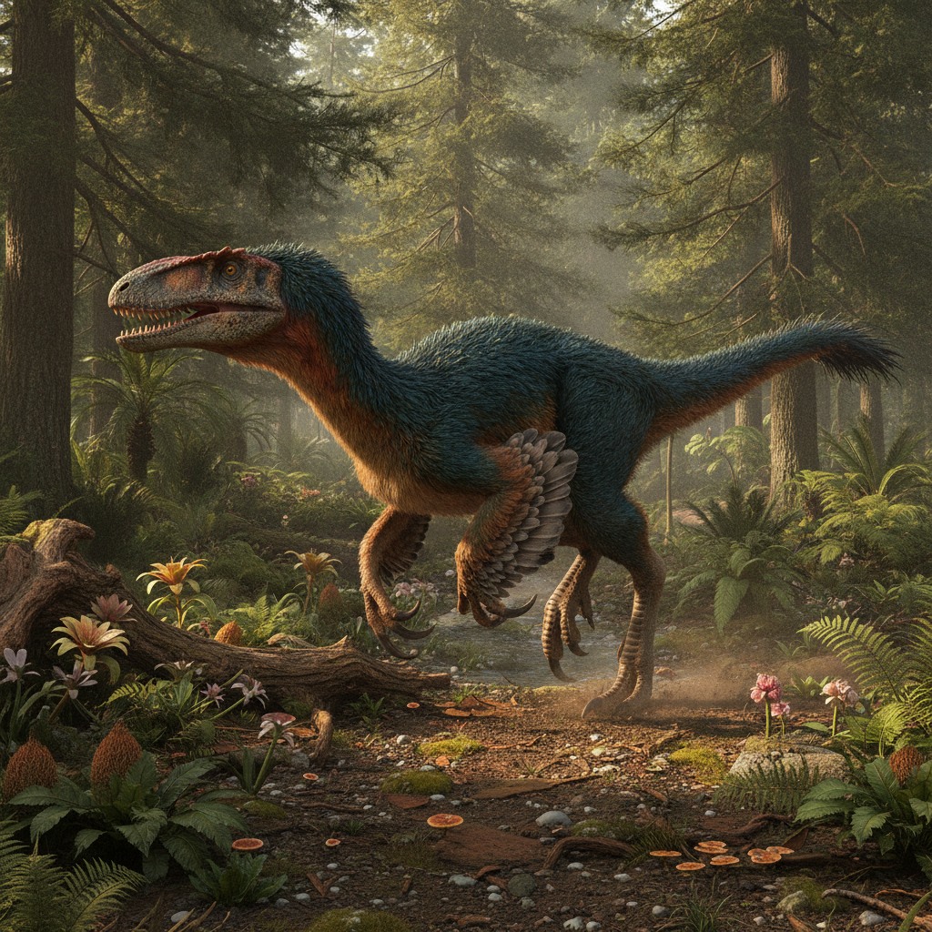 Ricostruzione paleoartistica dettagliata di un dinosauro piumato in habitat naturale preistorico