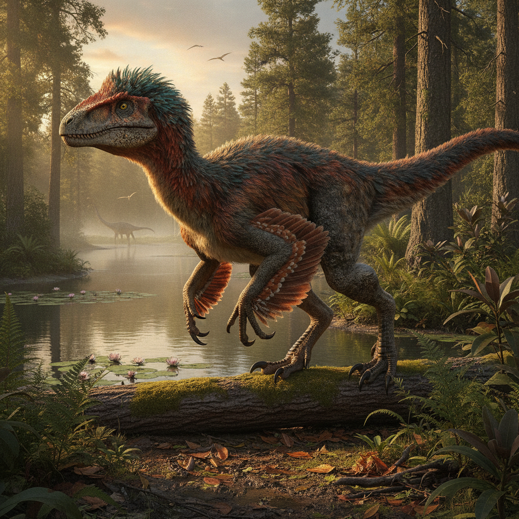 Dinosauro piumato in habitat naturale con dettagli anatomici e biomeccanici avanzati