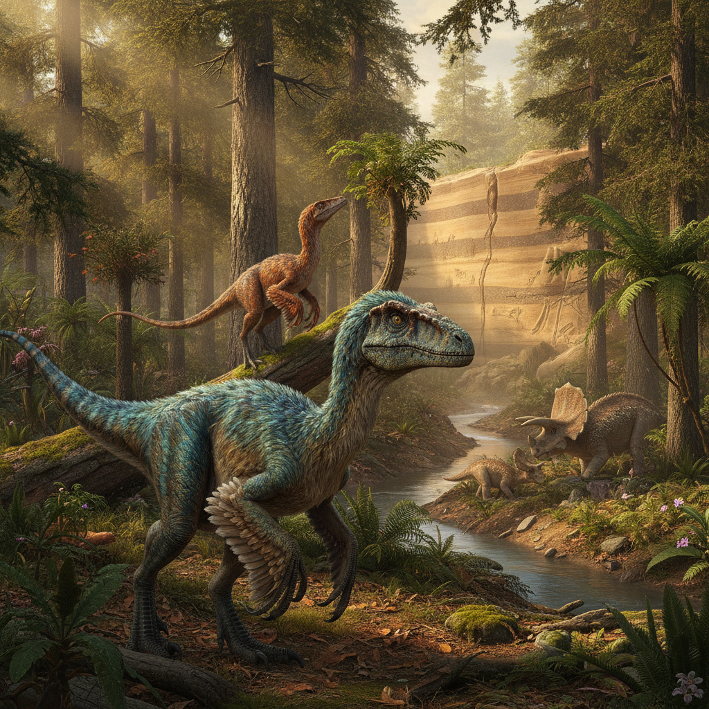 Ricostruzione iperrealistica di dinosauri piumati in un antico habitat forestale con dettagli geologici