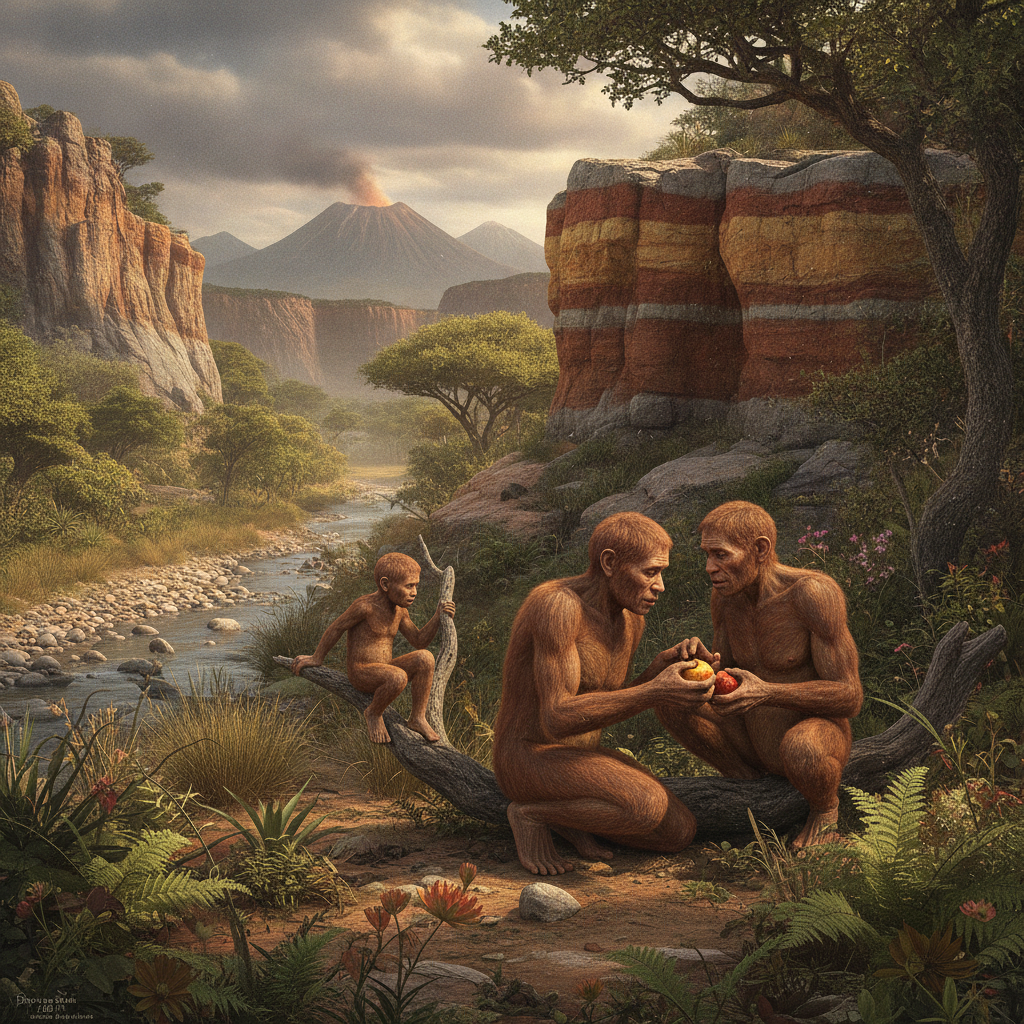 Evoluzione Umana e Stratigrafia Geologica Ricostruzione paleoartistica di ominini in un ambiente preistorico con dettagli geologici e stratigrafici