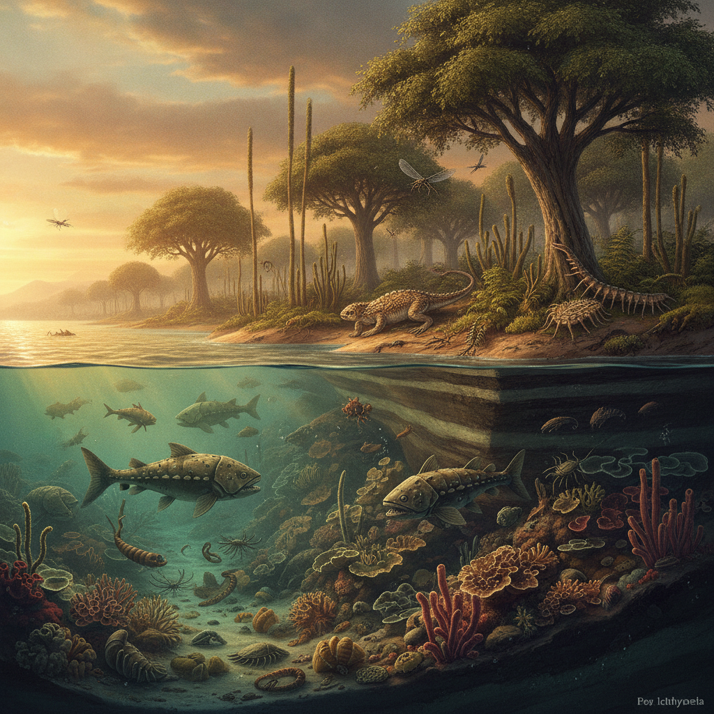Ricostruzione paleoartistica del Devoniano con flora e fauna tipiche in un ambiente geologico stratificato