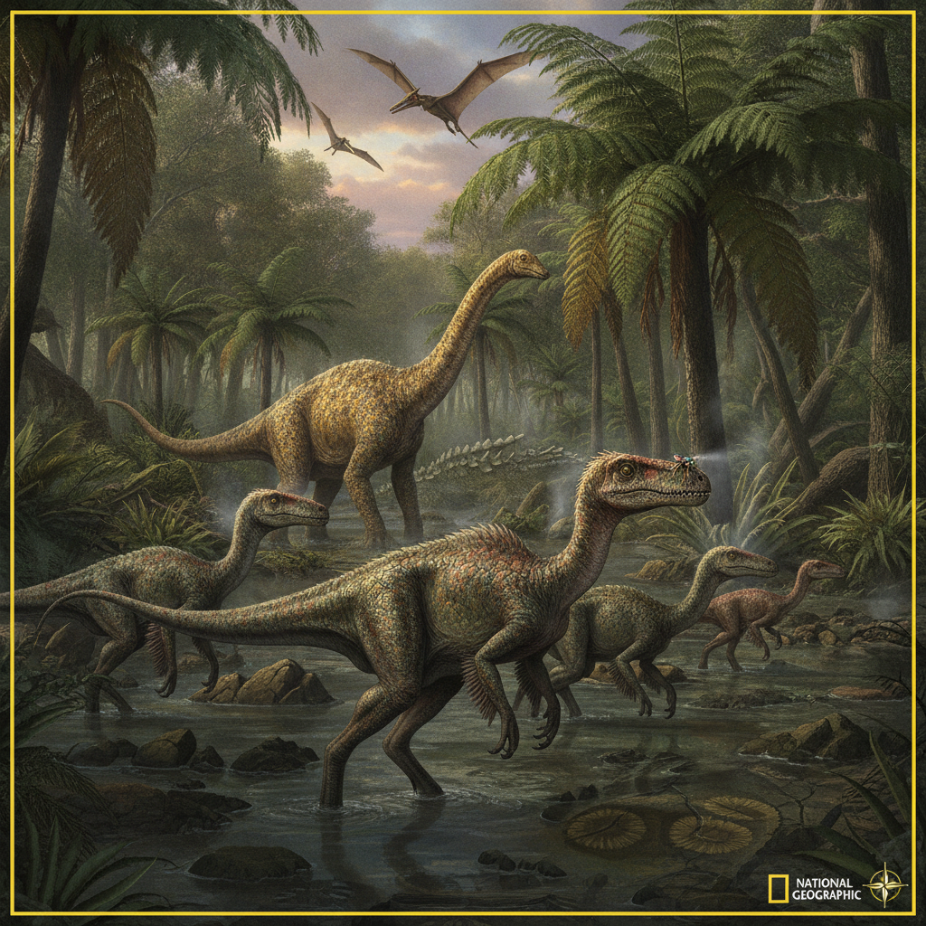 Rappresentazione paleoartistica di paesaggio triassico con flora e fauna tipica del periodo