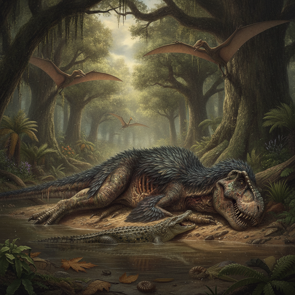 Ricostruzione iperrealistica di un dinosauro in un habitat preistorico con dettagli anatomici e ambientali