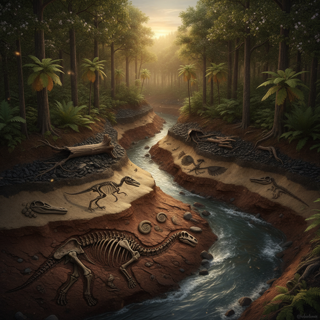 Rappresentazione iperrealistica di un ambiente paleoecologico con fossili in formazione e strati geologici