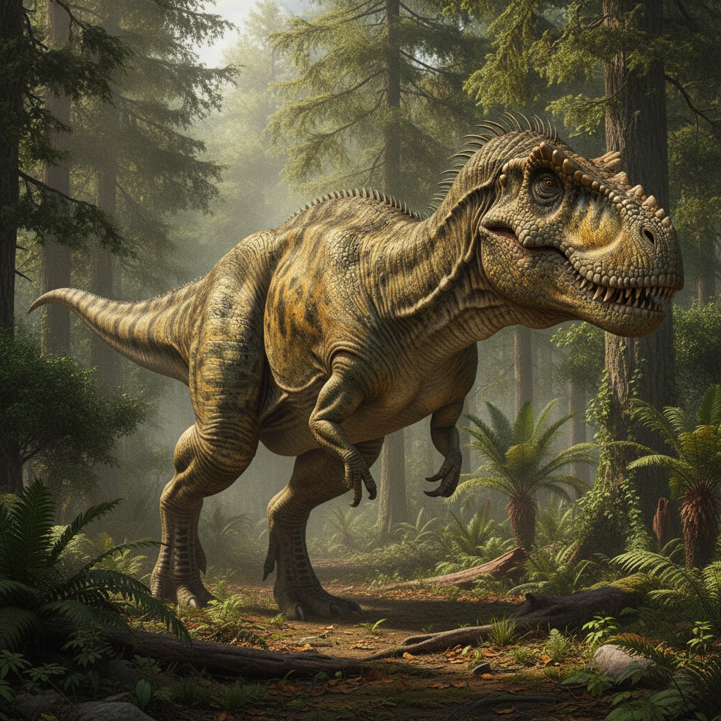 Ricostruzione iperrealistica del Giganotosaurus carolinii nel suo ambiente naturale con dettagli anatomici