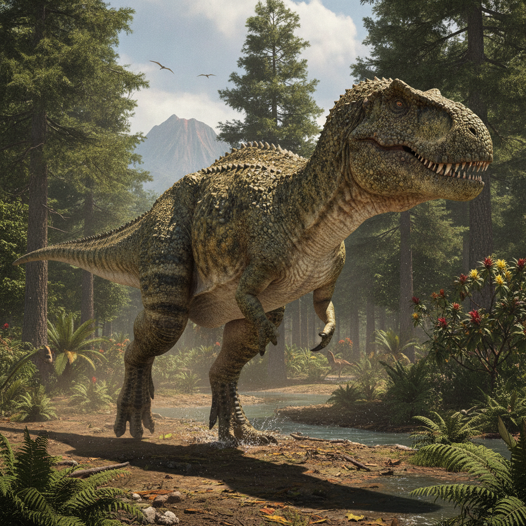 Ricostruzione iperrealistica del Giganotosaurus carolinii nel suo habitat naturale del Cretaceo