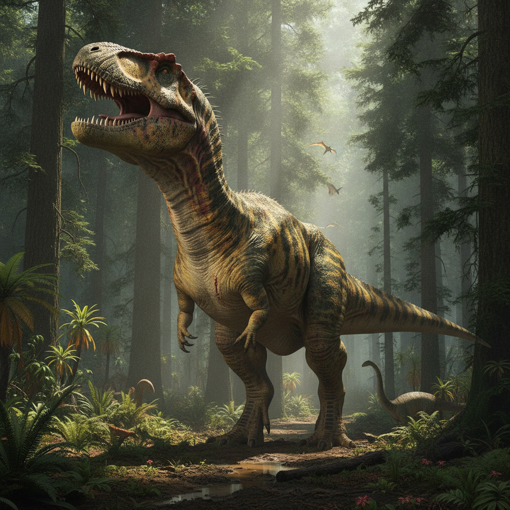 Ricostruzione iperrealistica del Giganotosaurus carolinii nel suo ambiente naturale con dettagliate texture della pelle