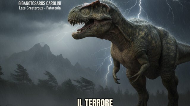 Ricostruzione iper-realistica di Giganotosaurus carolinii in un habitat cretaceo con dettagli della pelle