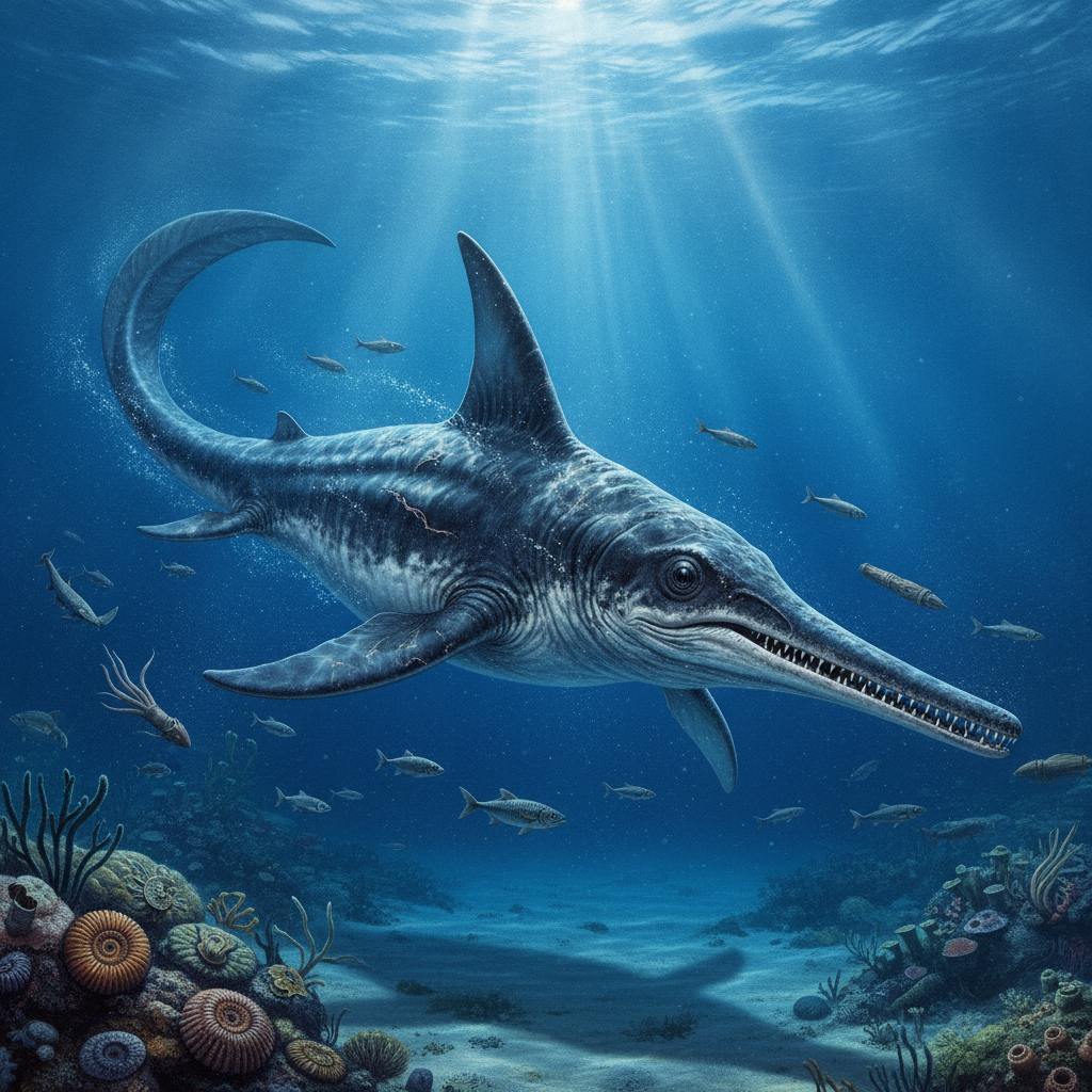 Ichthyosaurus communis in Movimento Ricostruzione iperrealistica di un Ichthyosaurus communis nuotante nel suo habitat marino giurassico