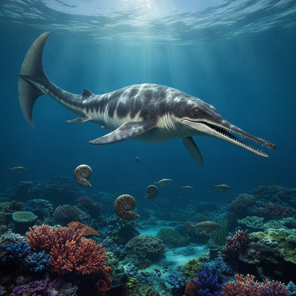 Ichthyosaurus communis nel Suo Habitat Naturale Ricostruzione iperrealistica di Ichthyosaurus communis in un ambiente marino giurassico con dettagli anatomici