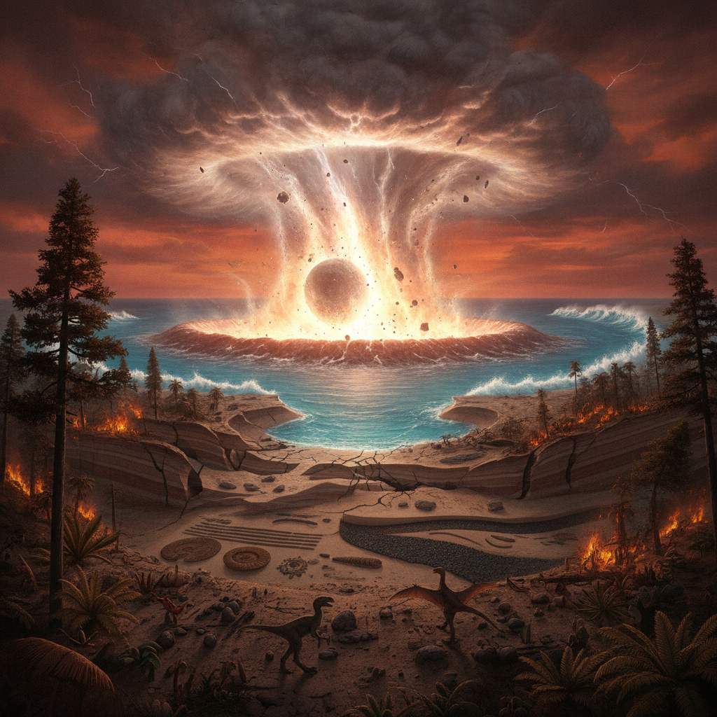 Ricostruzione paleoartistica dell'impatto Chicxulub e l'estinzione K-Pg con dettagli geologici e ambientali