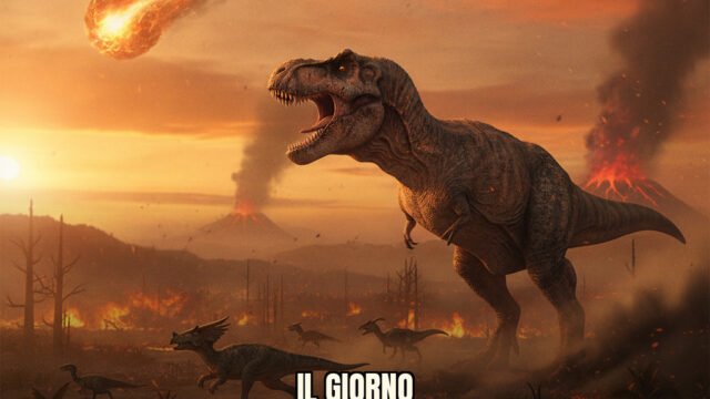 Rappresentazione dell'impatto Chicxulub con dinosauri e ambiente preistorico dettagliato