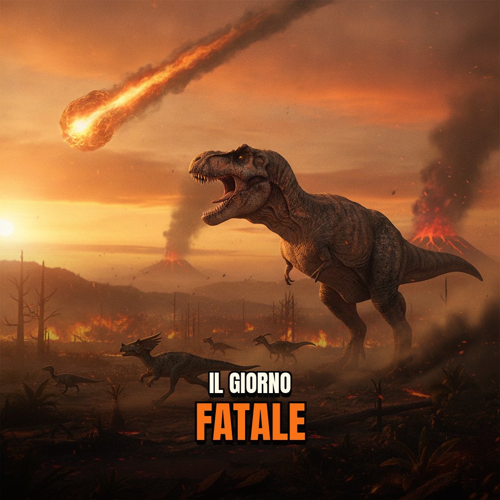 Rappresentazione dell'impatto Chicxulub con dinosauri e ambiente preistorico dettagliato