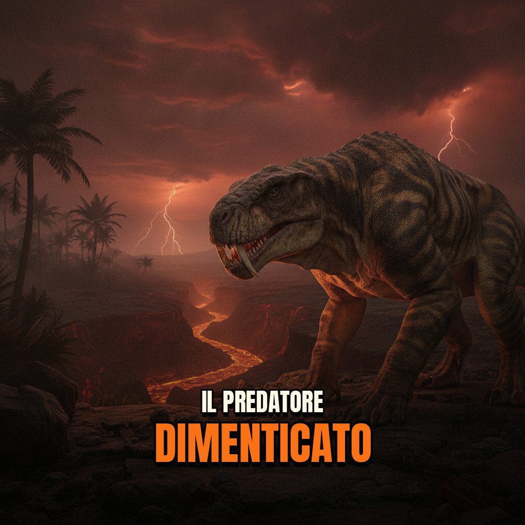 Ricostruzione iperrealistica di Inostrancevia alexandri in un ambiente preistorico con dettagli accurati e texture della pelle