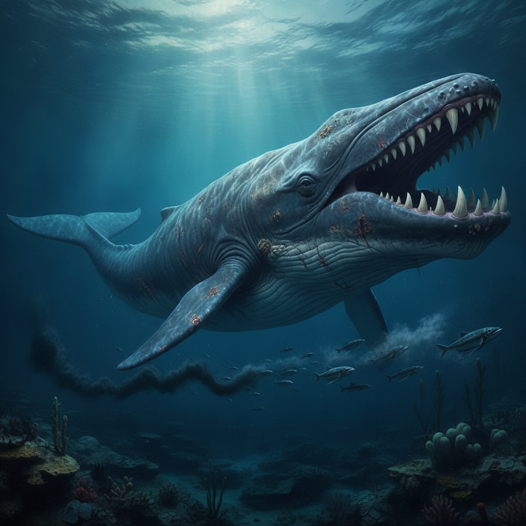 Ricostruzione iper-realistica di Livyatan melvillei nel suo habitat marino preistorico, mostrando dettagli anatomici e ambientali
