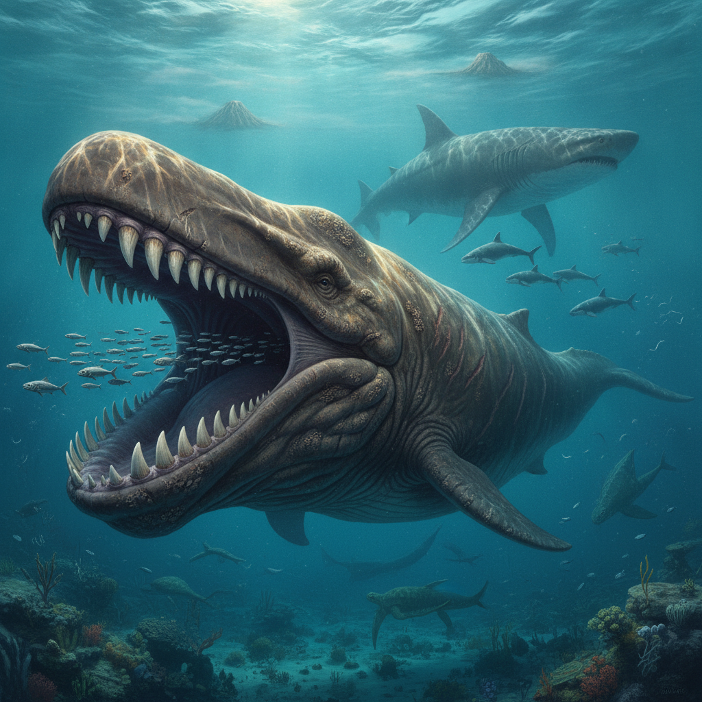 Ricostruzione iperrealistica di Livyatan melvillei in un ambiente marino preistorico, con dettagli anatomici e habitat accurato