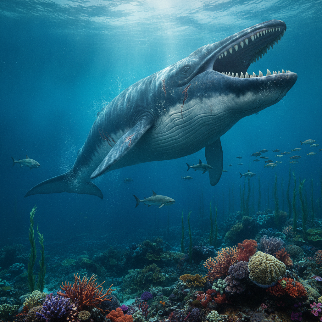 Ricostruzione iperrealistica di Livyatan melvillei in un antico oceano, mostrando dettagli della pelle e ambiente marino