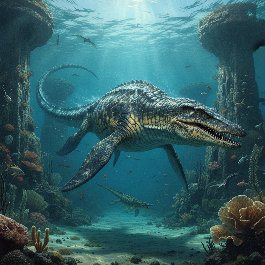 Mosasaurus hoffmannii nel Cretaceo Superiore Rappresentazione iperrealistica di Mosasaurus hoffmannii nel suo habitat marino cretaceo con dettagli anatomici