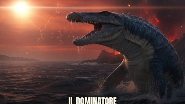 Ricostruzione iper-realistica di Mosasaurus hoffmannii in un ambiente marino preistorico dettagliato e illuminato naturalmente