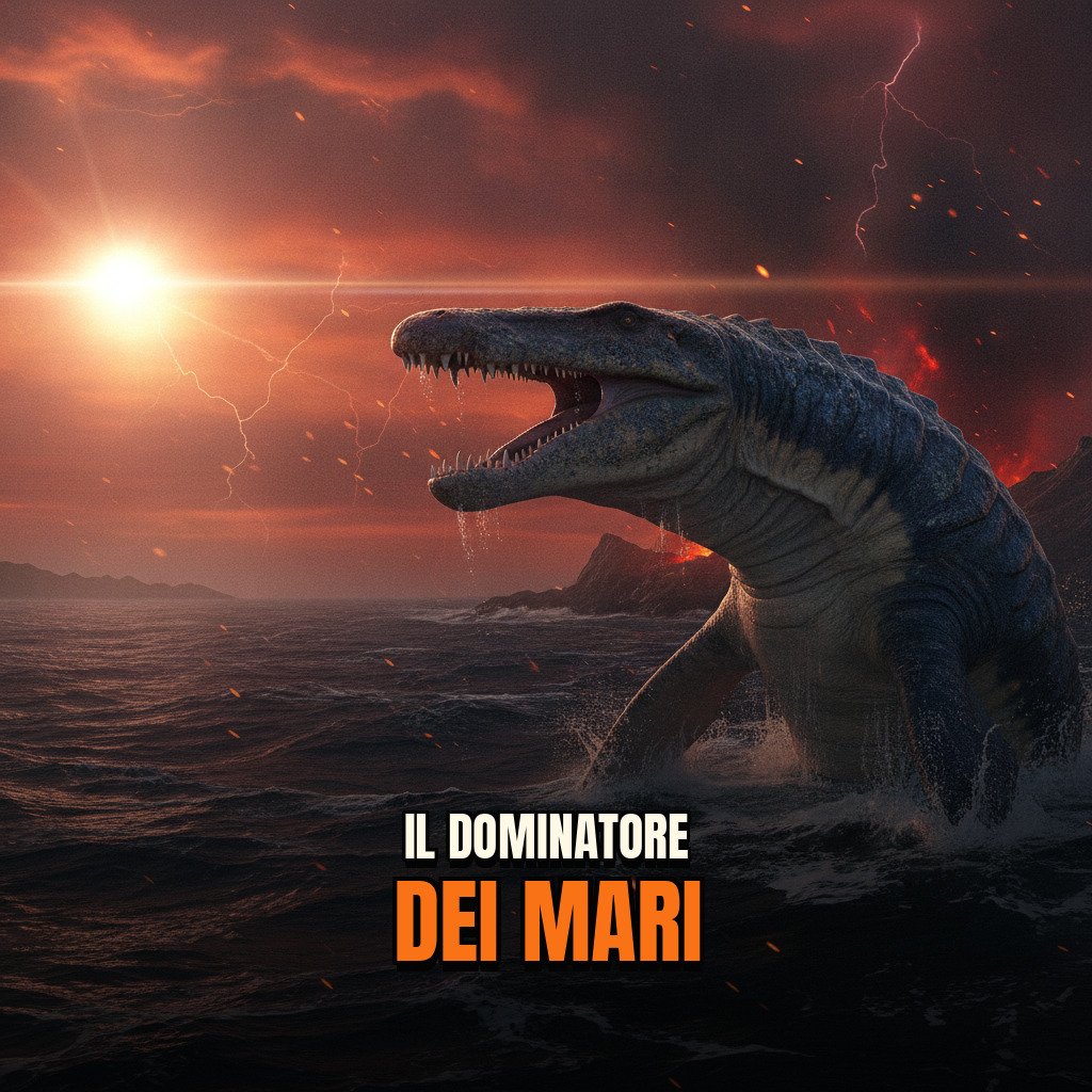 Mosasaurus hoffmannii nel suo habitat naturale Ricostruzione iper-realistica di Mosasaurus hoffmannii in un ambiente marino preistorico dettagliato e illuminato naturalmente